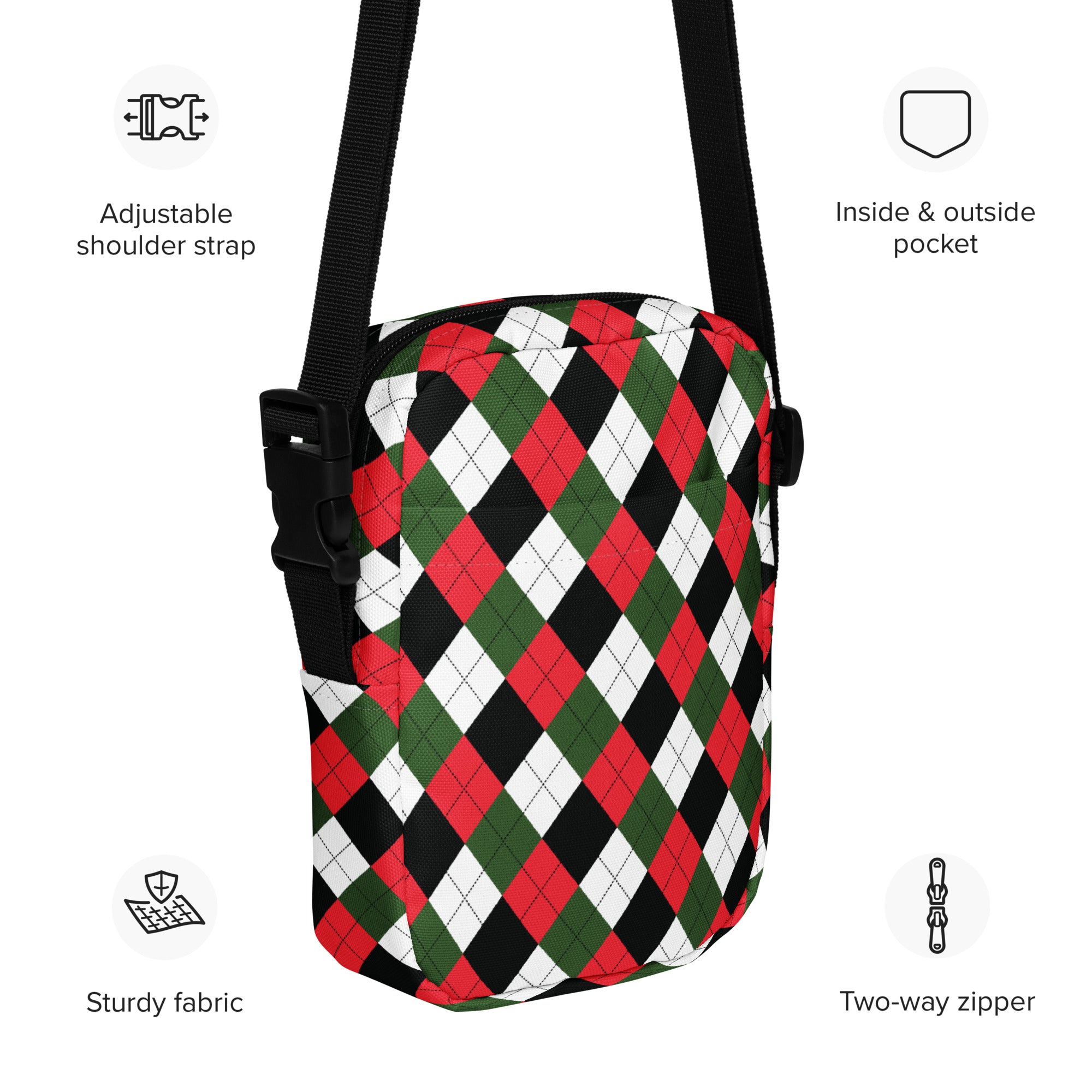 Girls Christmas argyle crossbody purse with bold red green black and white pattern on sturdy fabric and adjustable strap