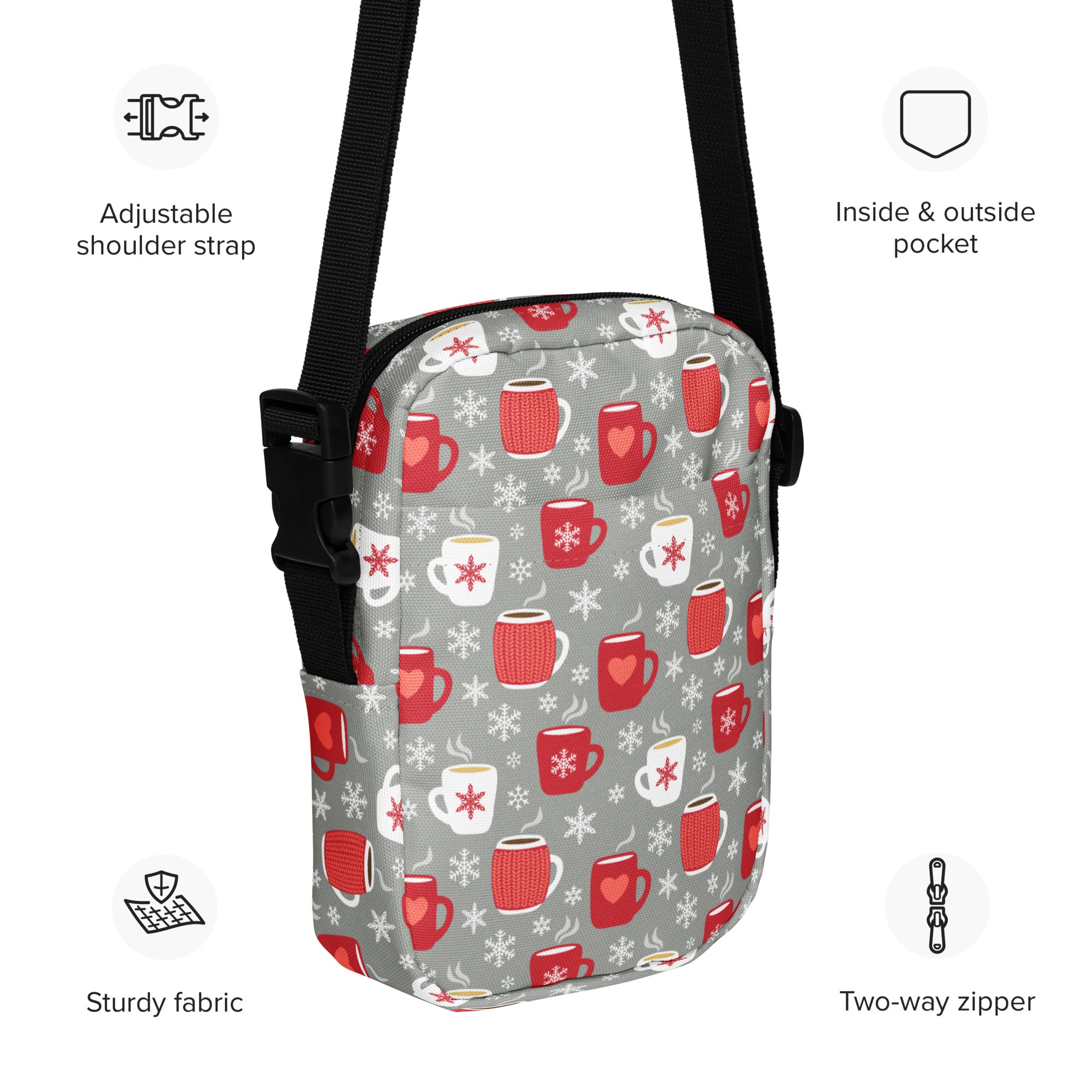 Gray crossbody bag with festive red and white knit mugs and snowflakes pattern for cozy winter use