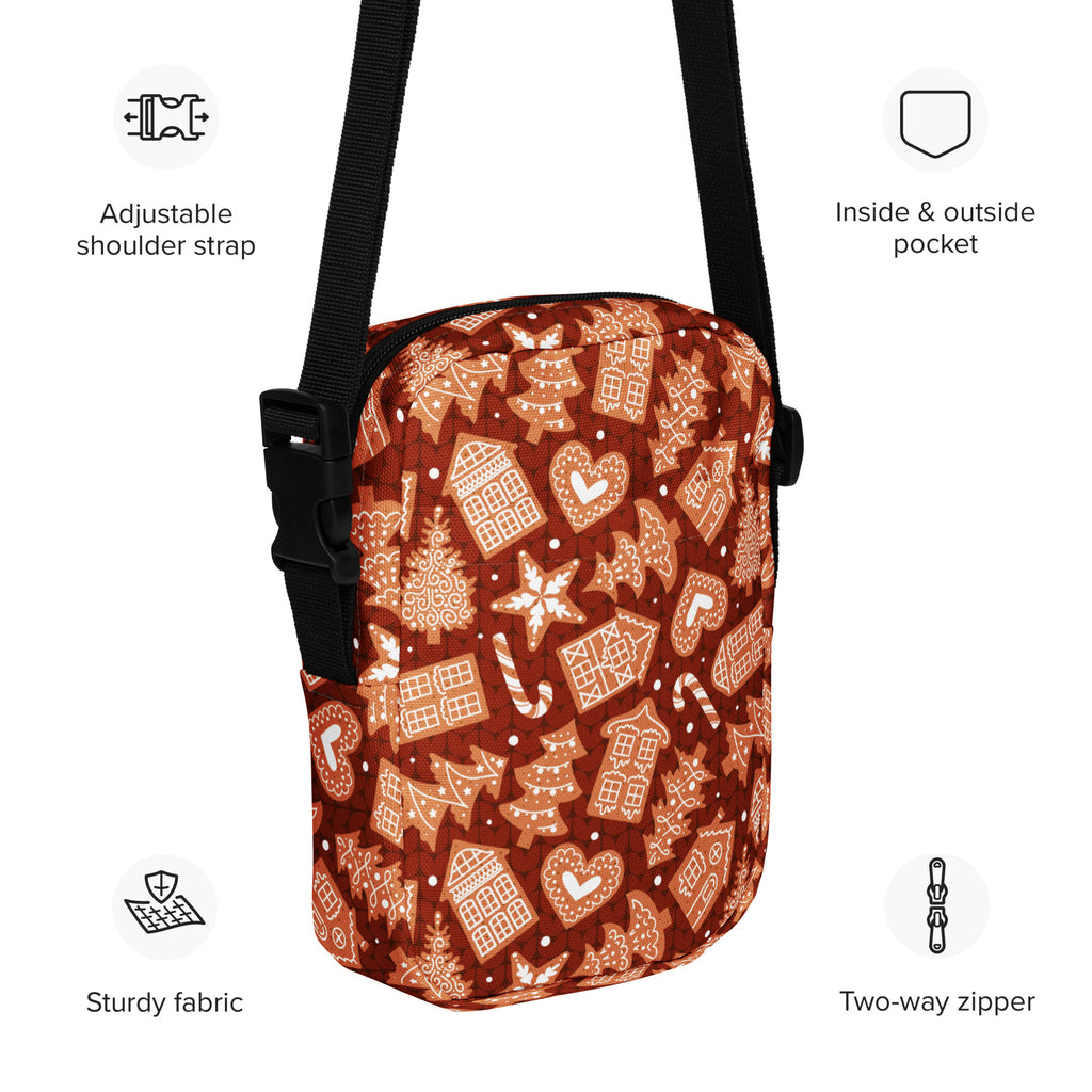 Girls red gingerbread christmas crossbody purse with festive brown fabric and cream icing gingerbread house candy cane star designs