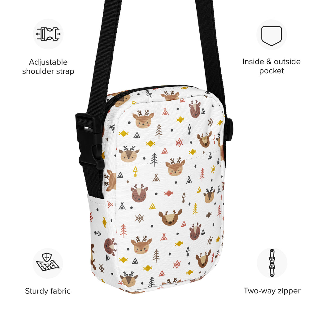 White crossbody bag for girls with playful brown deer yellow fish and geometric patterns on sturdy fabric