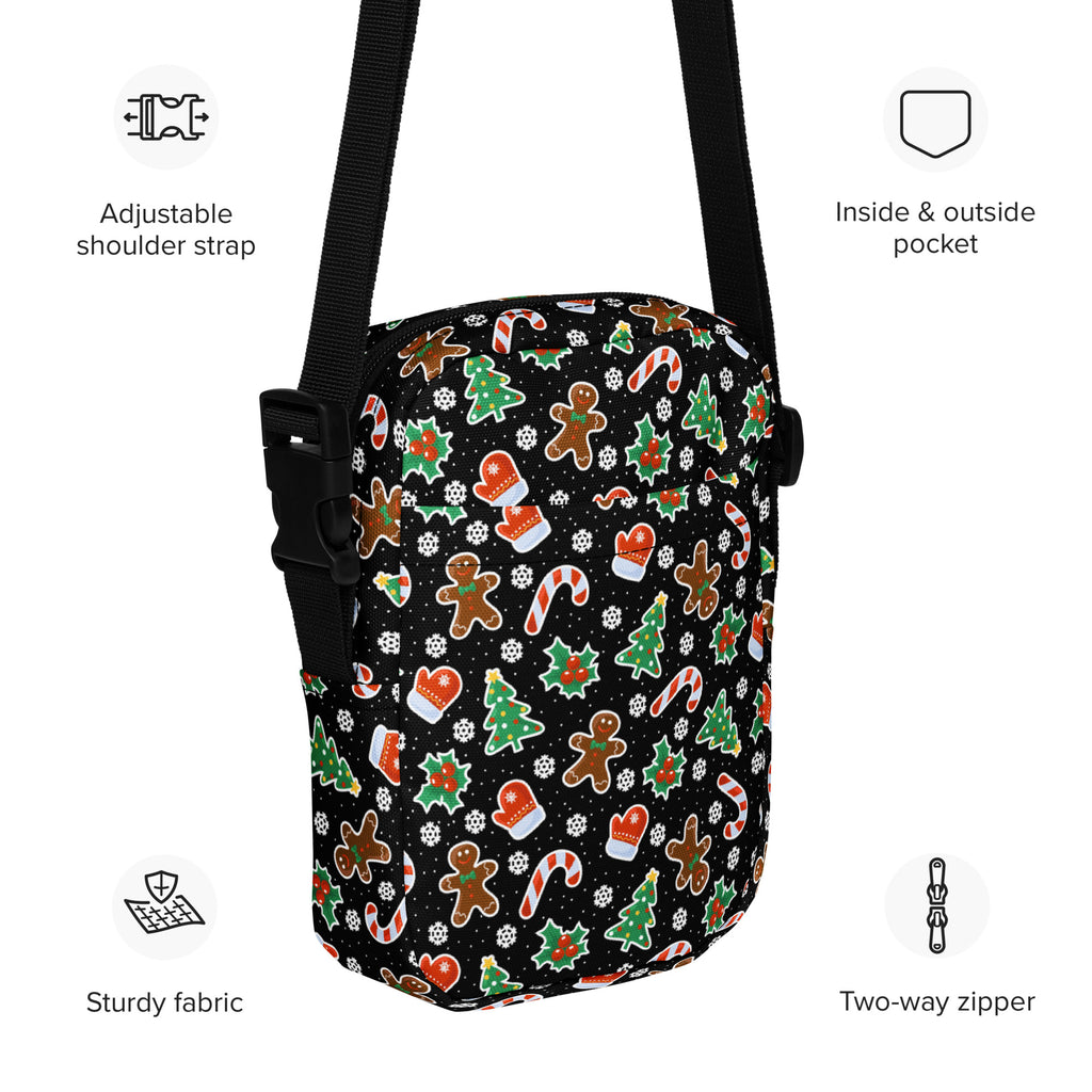 Girls gingerbread candy cane christmas crossbody purse in black with festive holiday print of cookies and mittens