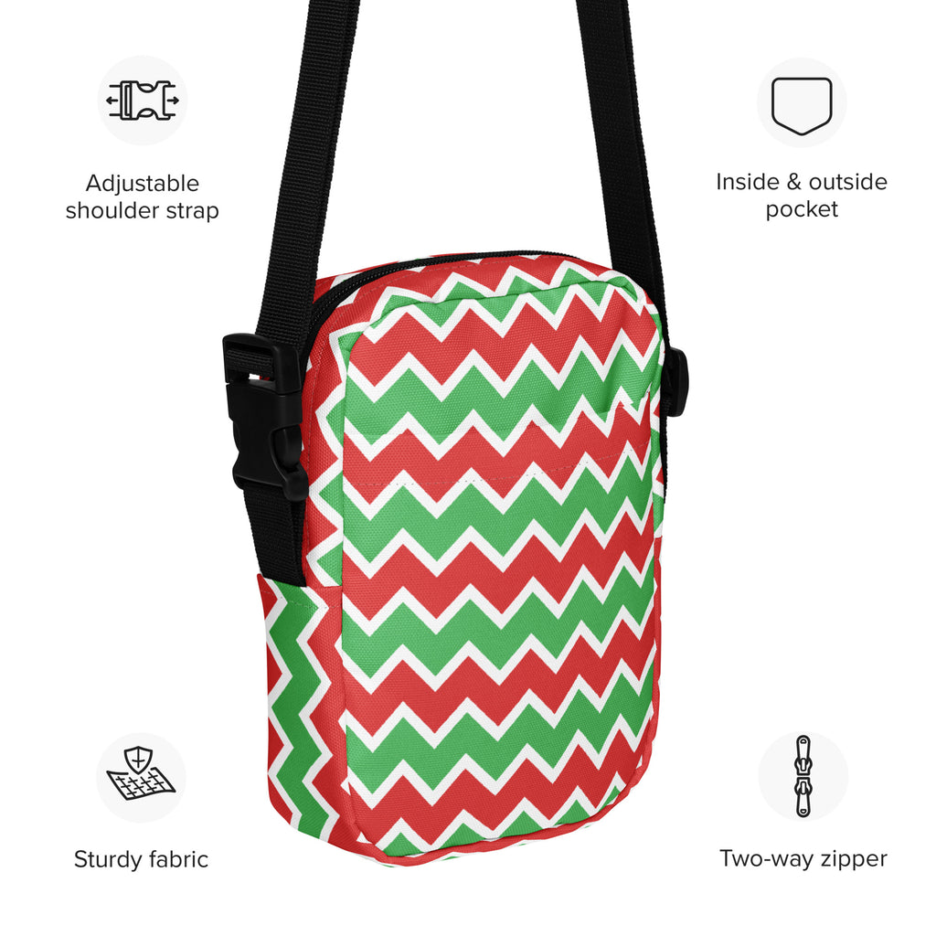 Girls red and green chevron crossbody purse with a zigzag pattern and black adjustable strap for easy wear
