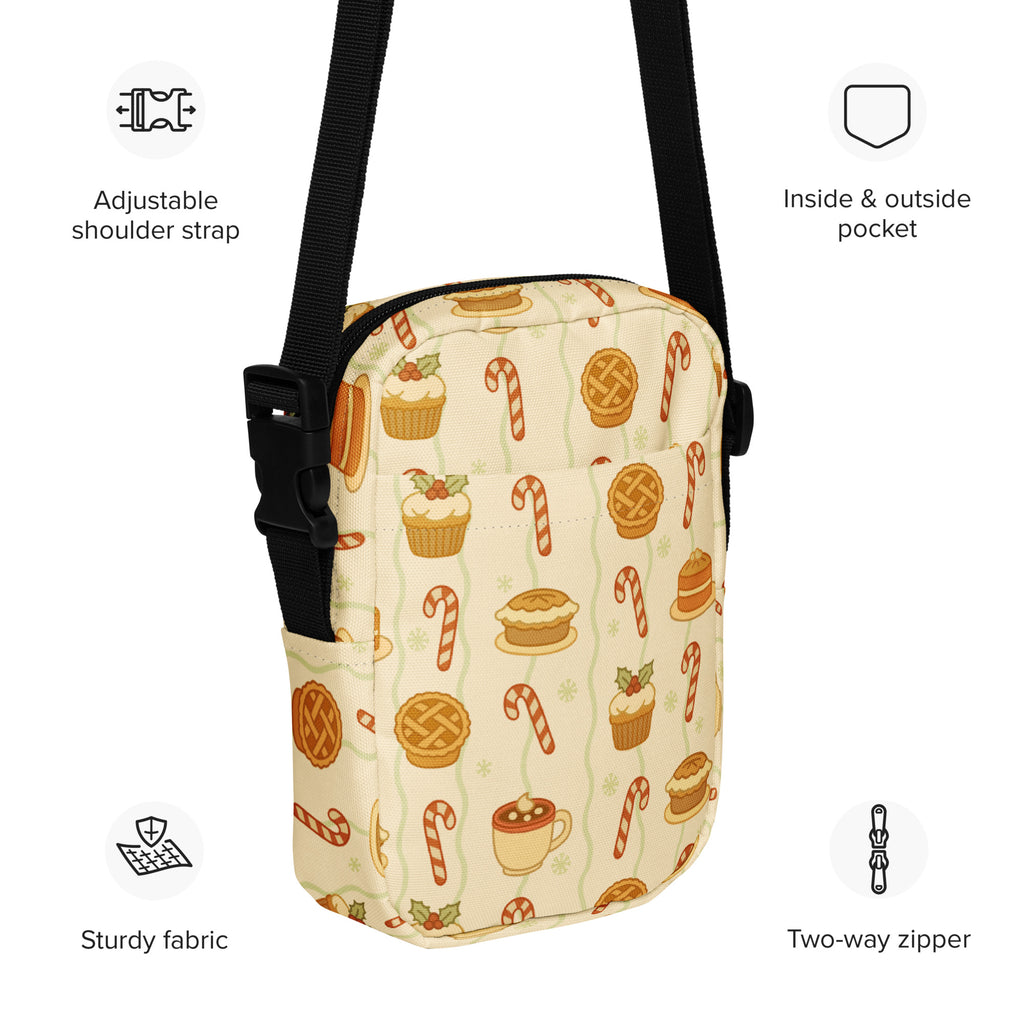 Cream-colored christmas treats women’s crossbody purse with festive cupcake candy cane and pie pattern on sturdy fabric