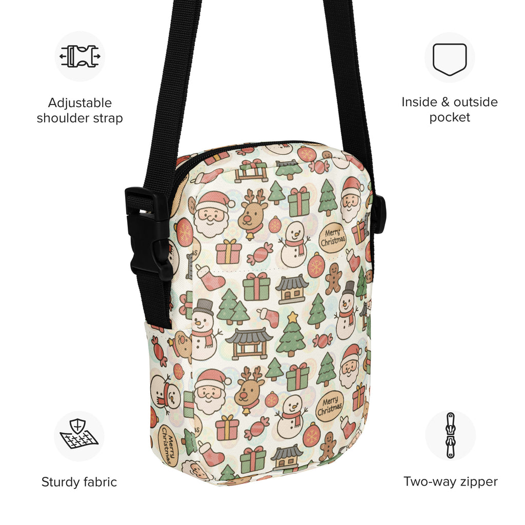 Christmas Doodle women’s crossbody purse with cream fabric featuring cartoon snowmen reindeer santa and holiday gifts