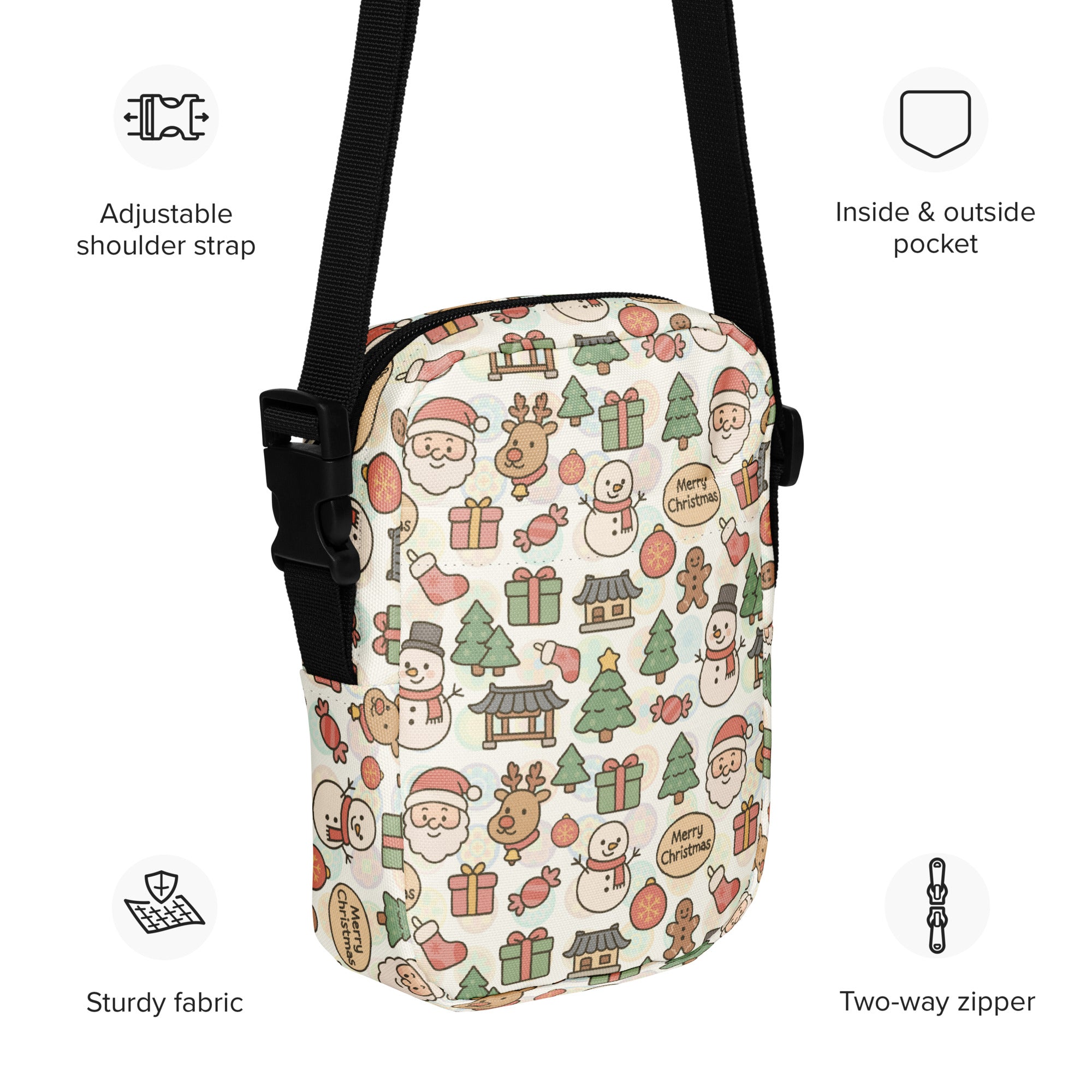 Christmas Doodle women’s crossbody purse with cream fabric featuring cartoon snowmen reindeer santa and holiday gifts