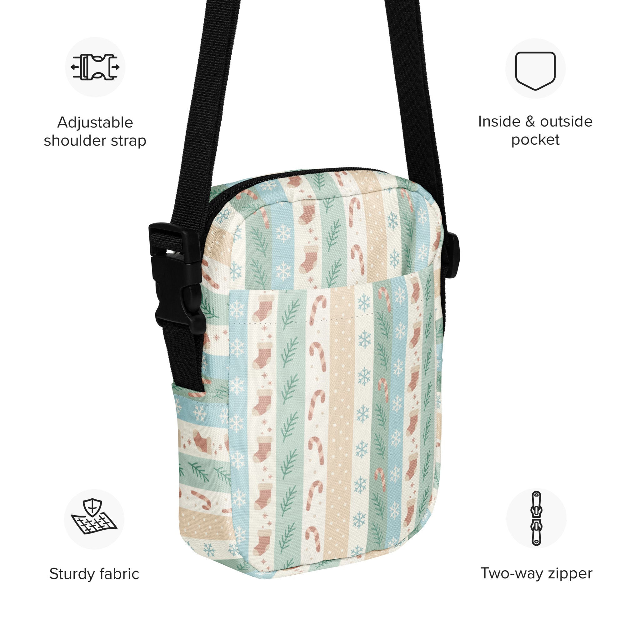 Pastel Christmas Stripes women’s crossbody purse with soft pastel candy cane stocking snowflake pattern on sturdy fabric
