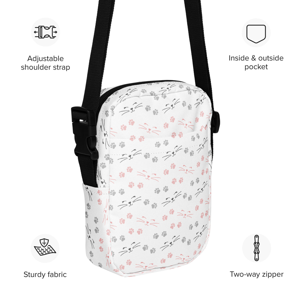 Cats & Whiskers Crossbody Bag – Water Resistant Mini Purse With Adjustable Strap & Pockets