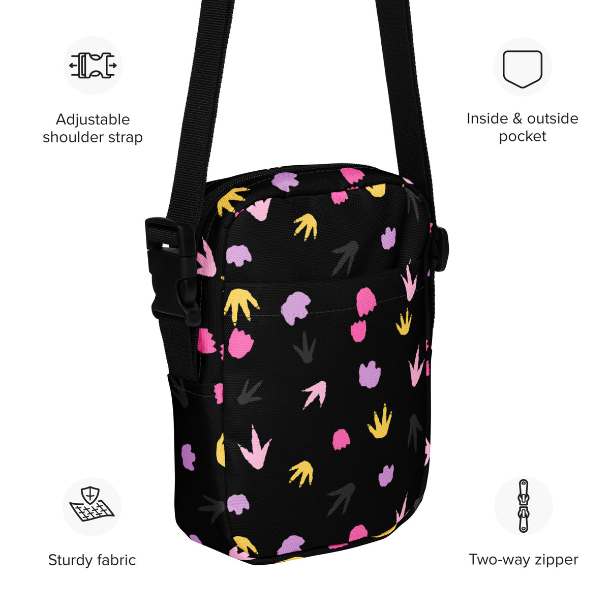 Girls Colorful Dinosaur Footprints Crossbody Bag – Water Resistant Mini Purse With Adjustable Strap & Pockets