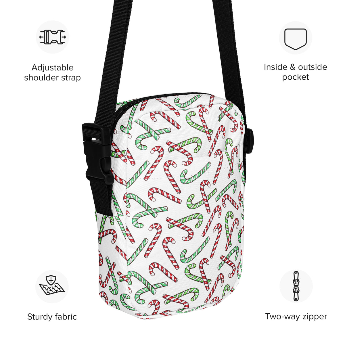 Girls Red & Green Candy Cane Christmas Crossbody Bag – Water Resistant Mini Purse With Adjustable Strap & Pockets