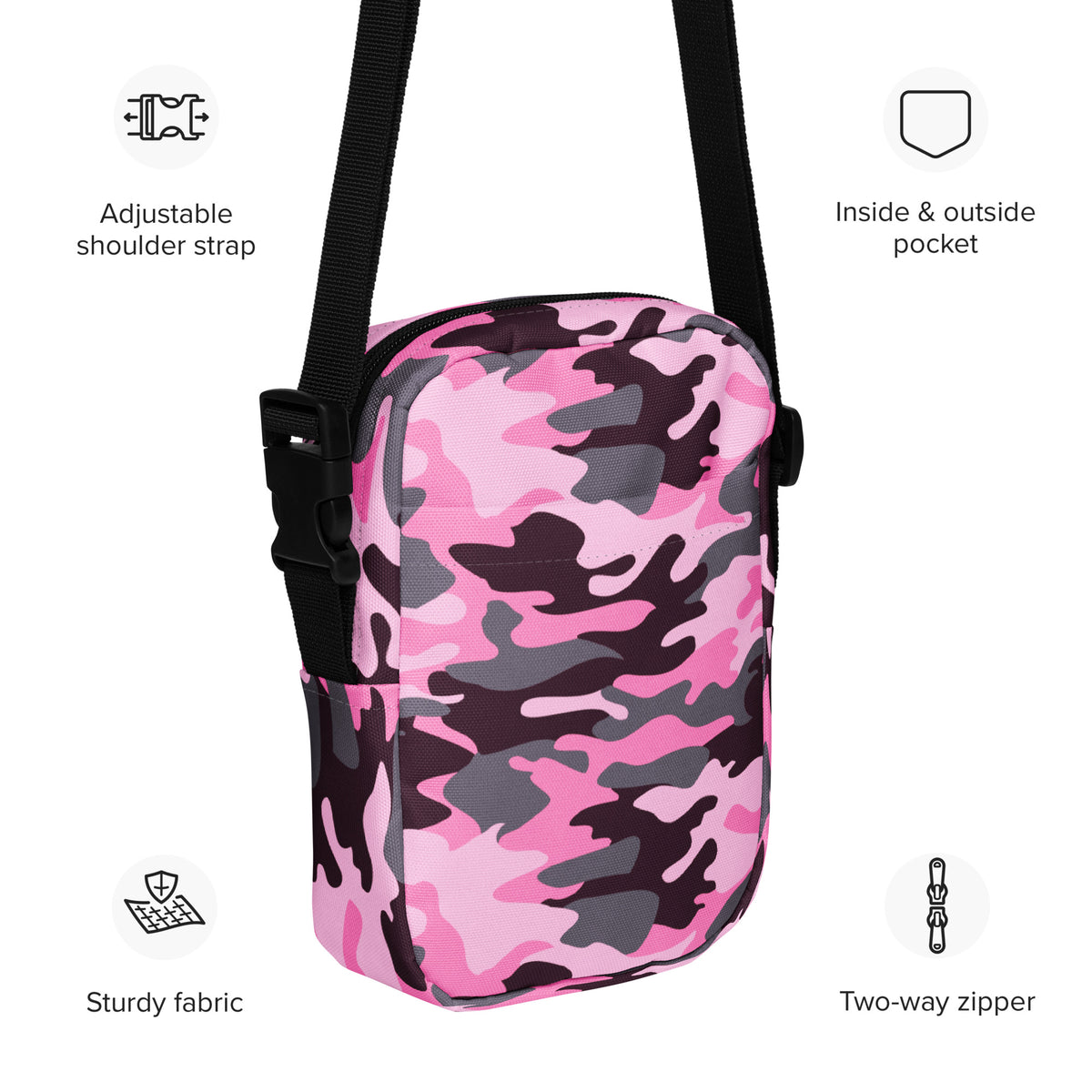 Pink Camouflage Crossbody Bag – Water Resistant Mini Purse With Adjustable Strap & Pockets