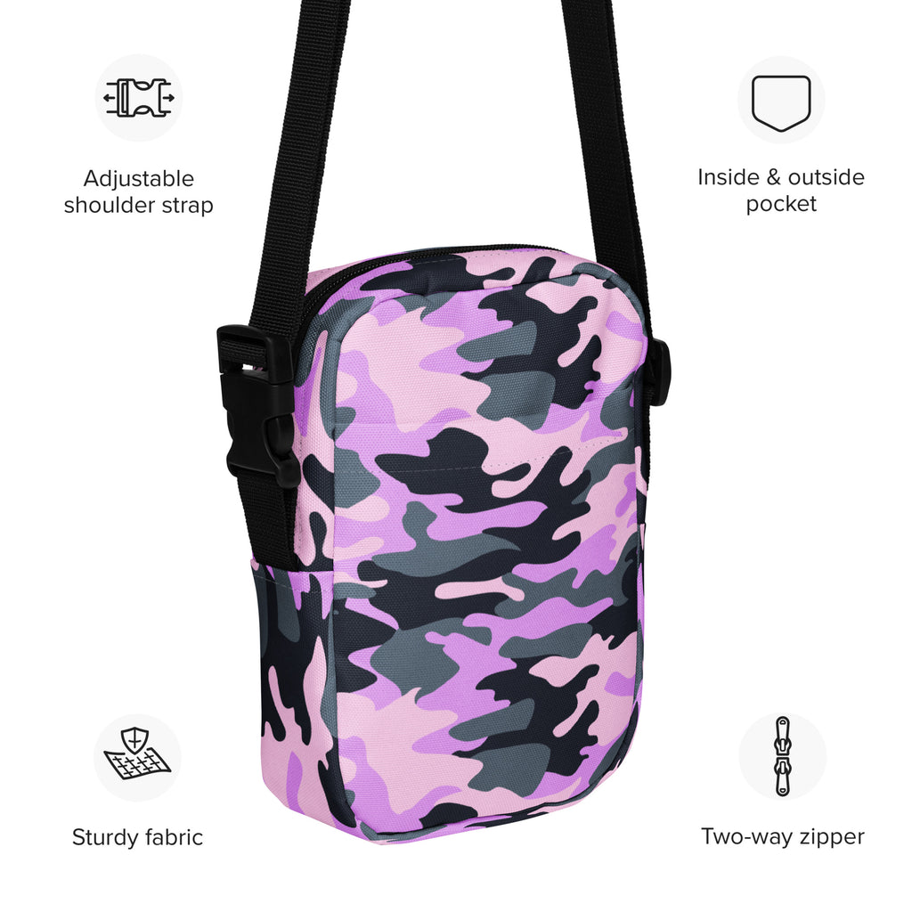 Purple Camouflage Crossbody Bag – Water Resistant Mini Purse With Adjustable Strap & Pockets