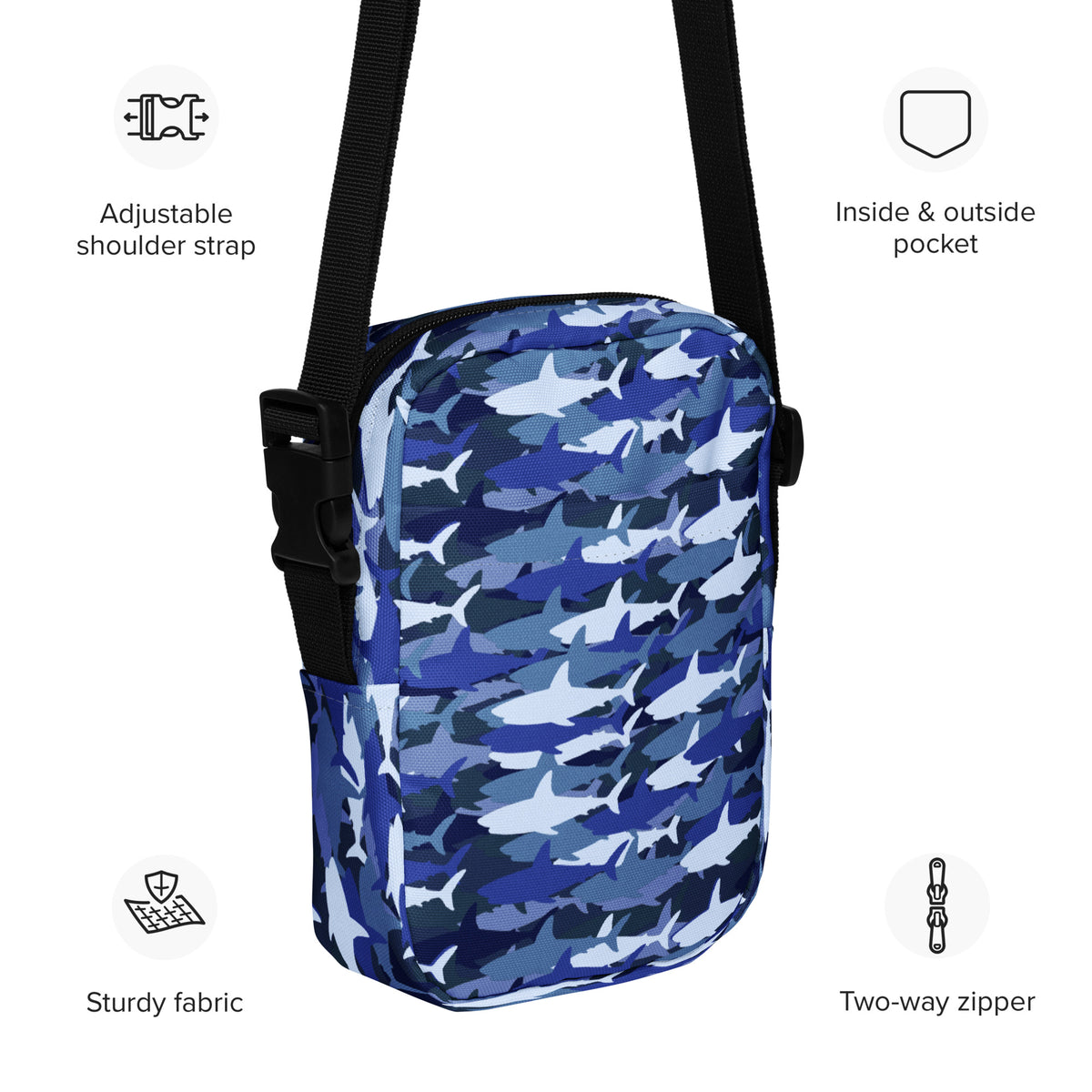 Blue Shark Camouflage Crossbody Bag – Water Resistant Mini Purse With Adjustable Strap & Pockets