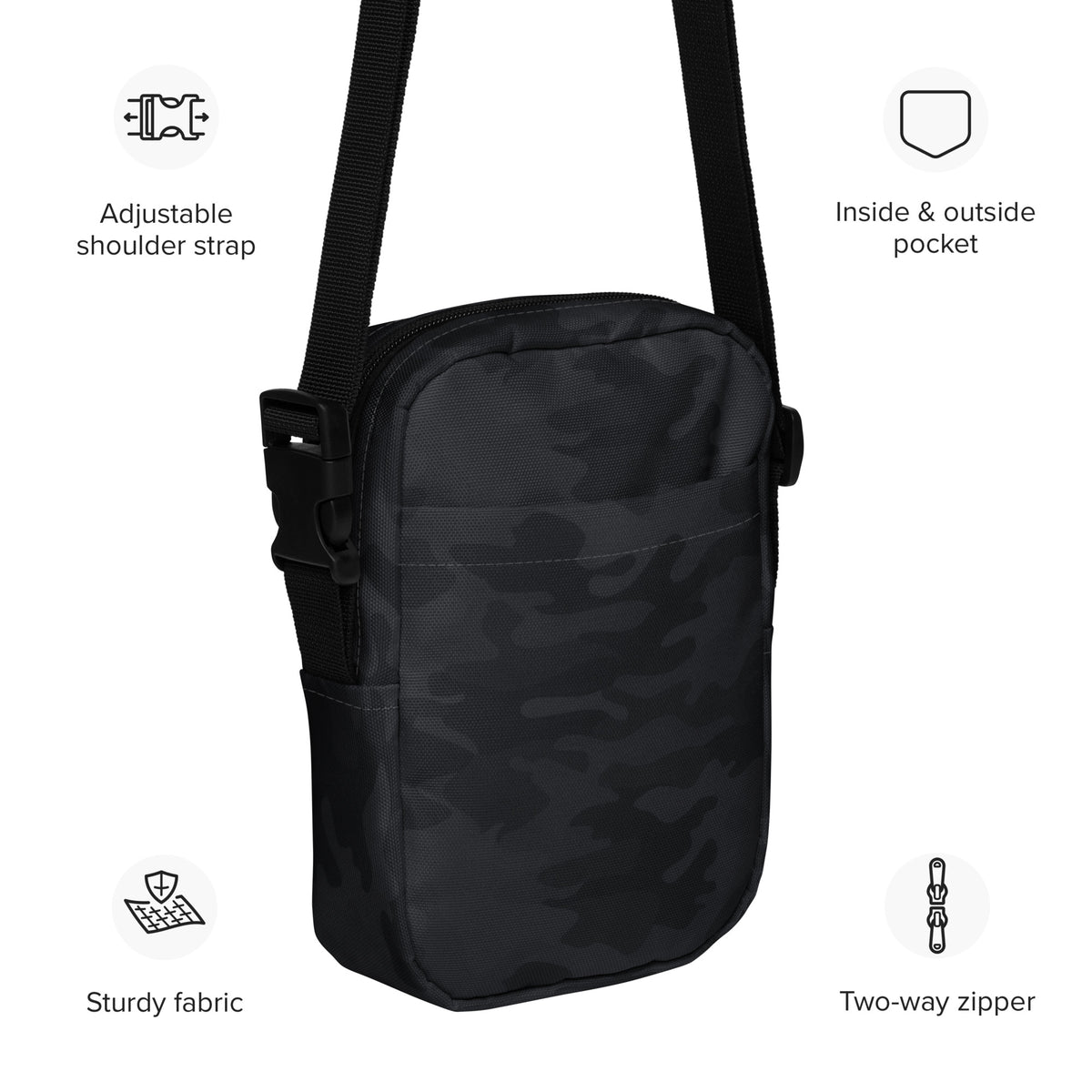 Black Camouflage Crossbody Bag – Water Resistant Mini Purse With Adjustable Strap & Pockets