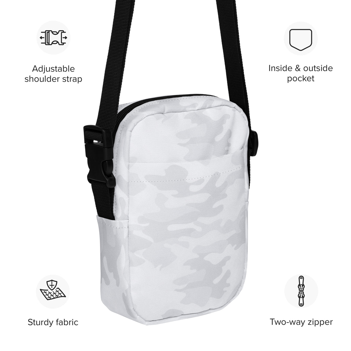 White Camouflage Crossbody Bag – Water Resistant Mini Purse With Adjustable Strap & Pockets
