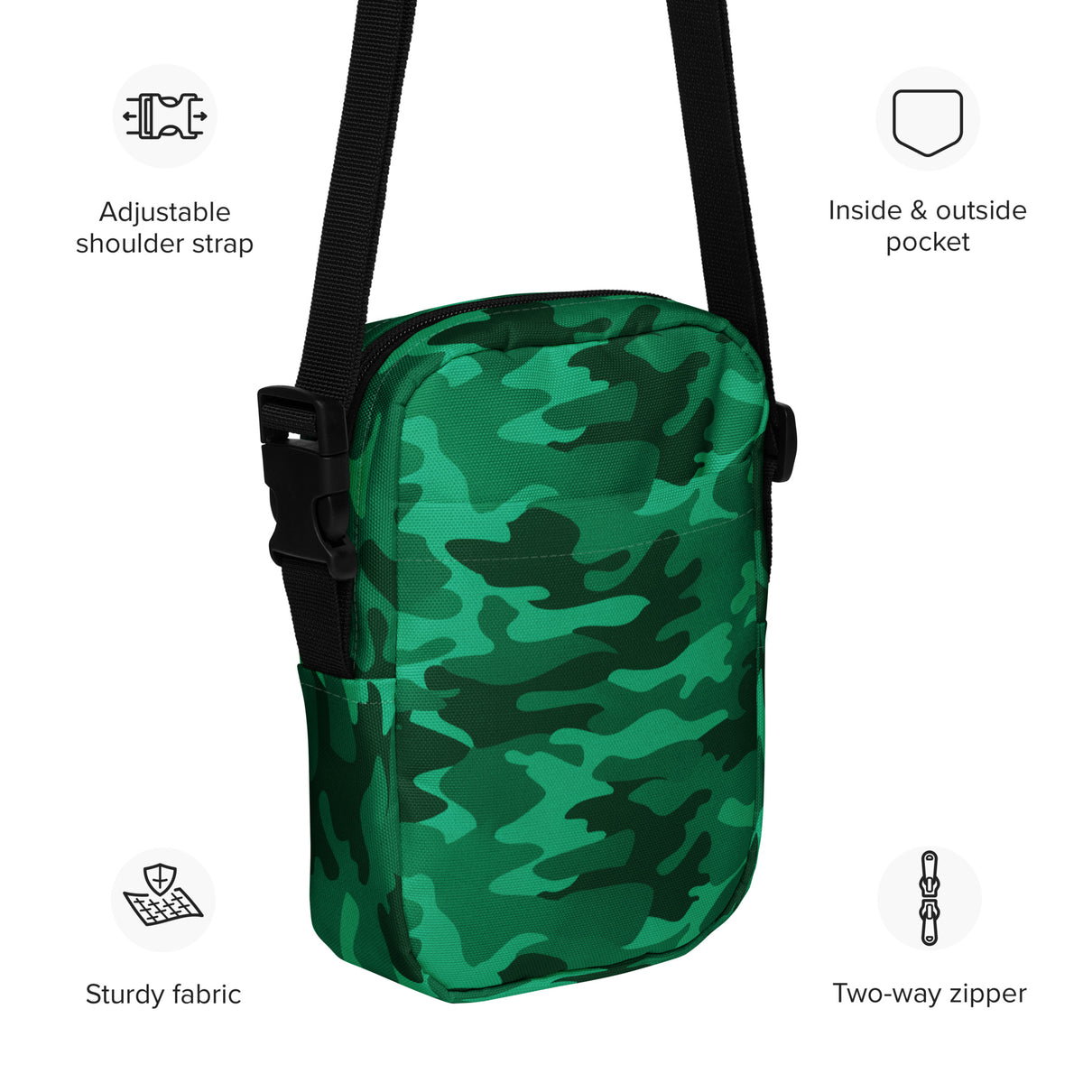 Green Camouflage Crossbody Bag – Water Resistant Mini Purse With Adjustable Strap & Pockets