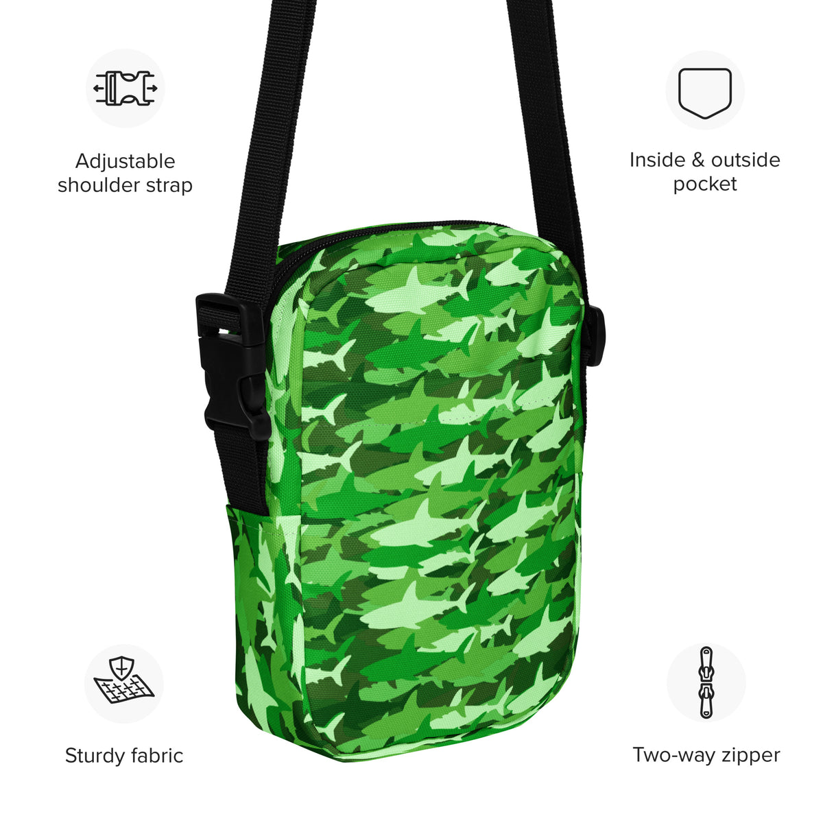 Green Shark Camouflage Crossbody Bag – Water Resistant Mini Purse With Adjustable Strap & Pockets