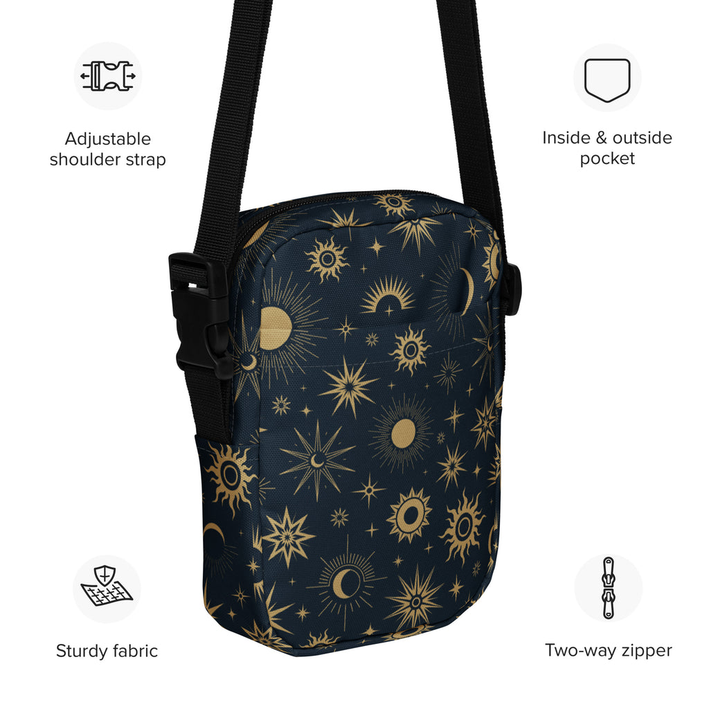 Celestial Sun & Moon Crossbody Bag – Water Resistant Mini Purse With Adjustable Strap & Pockets