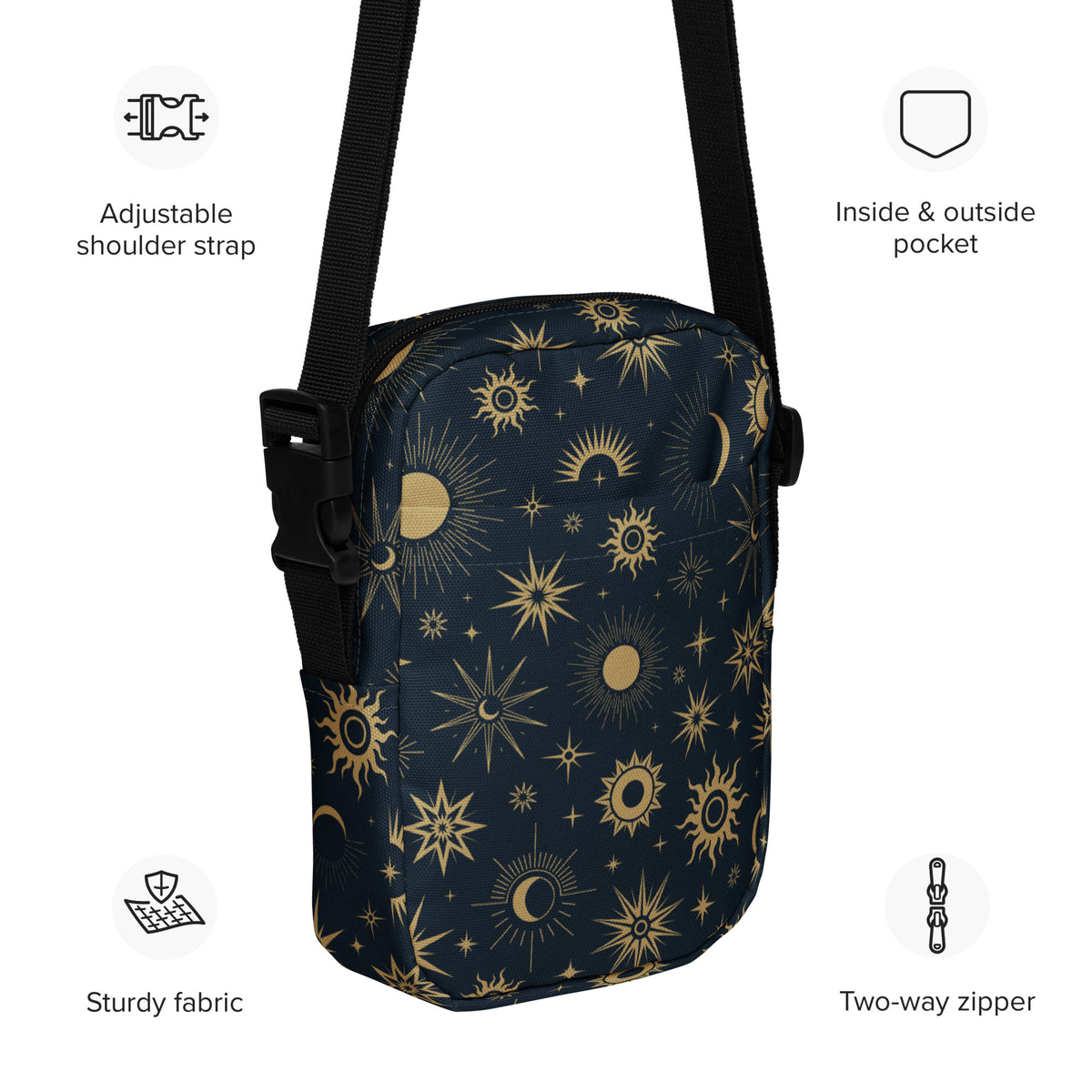 Celestial Sun & Moon Crossbody Bag – Water Resistant Mini Purse With Adjustable Strap & Pockets
