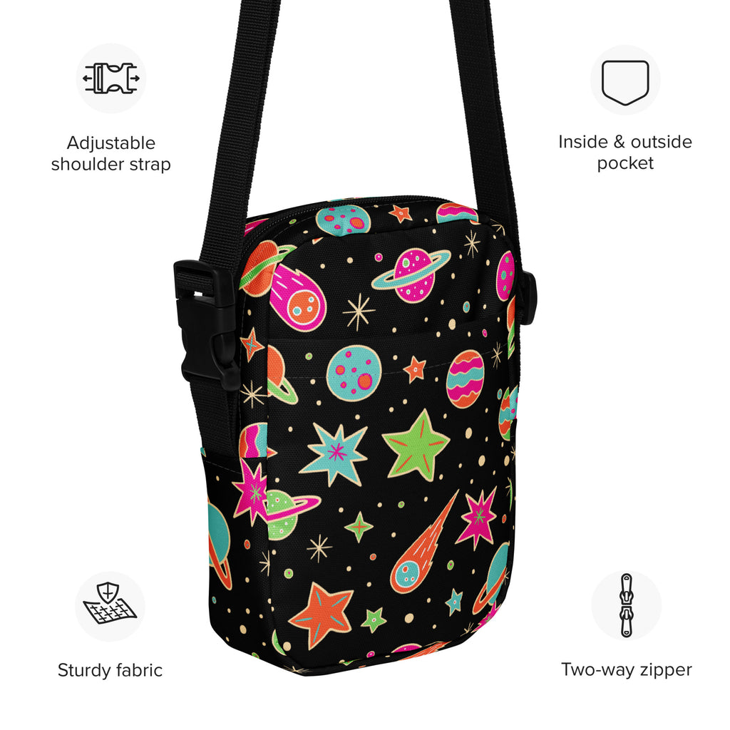 Vintage Neon Space Crossbody Bag – Water Resistant Mini Purse With Adjustable Strap & Pockets