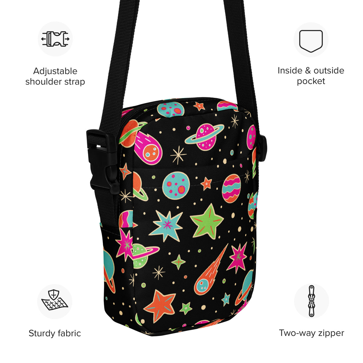 Vintage Neon Space Crossbody Bag – Water Resistant Mini Purse With Adjustable Strap & Pockets