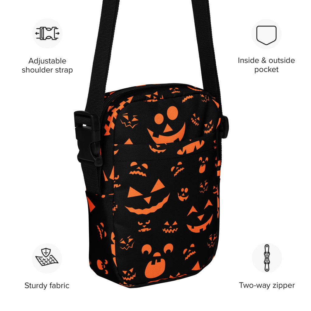 Orange Jack O Lantern Faces Halloween Crossbody Bag – Water Resistant Mini Purse With Adjustable Strap & Pockets