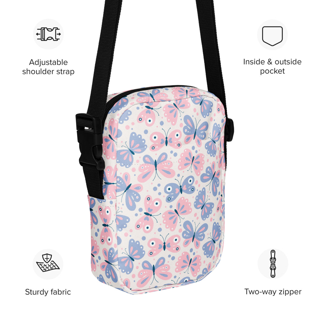 Pink & Purple Butterfly Crossbody Bag – Water Resistant Mini Purse With Adjustable Strap & Pockets