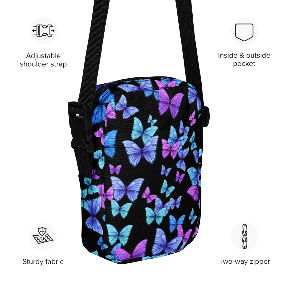 Vibrant Butterfly Crossbody Bag – Water Resistant Mini Purse With Adjustable Strap & Pockets