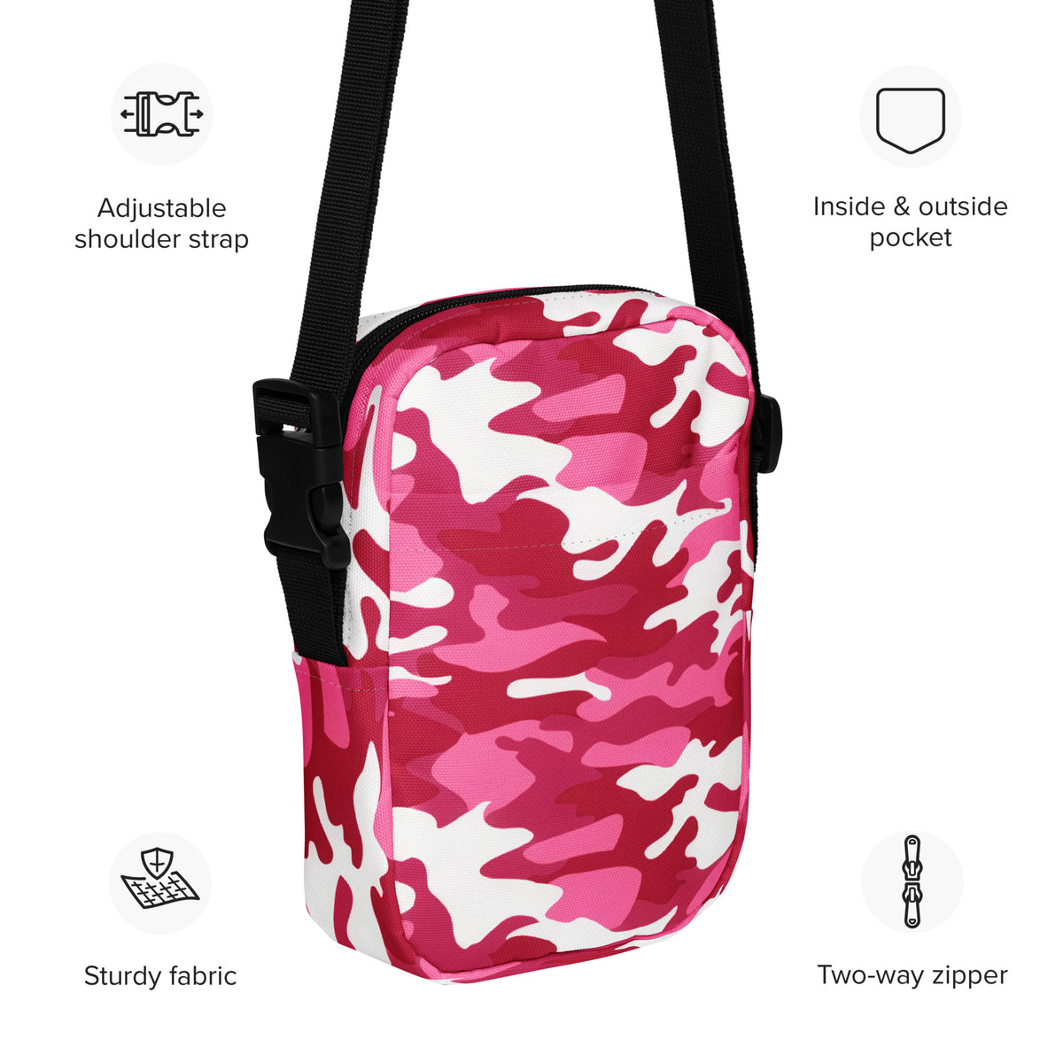 Bright Pink Camouflage Crossbody Bag – Water Resistant Mini Purse With Adjustable Strap & Pockets