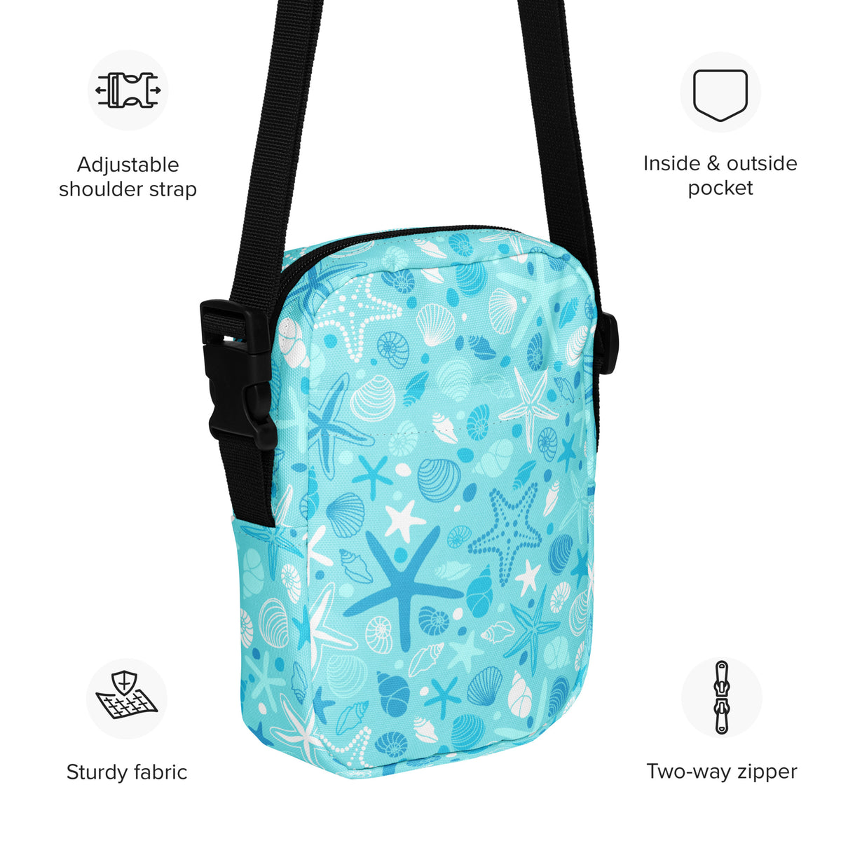 Starfish & Shells Crossbody Bag – Water Resistant Mini Purse With Adjustable Strap & Pockets
