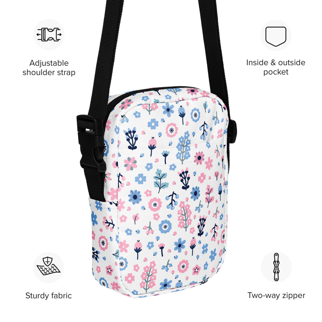 Pink & Blue Floral Crossbody Bag – Water Resistant Mini Purse With Adjustable Strap & Pockets