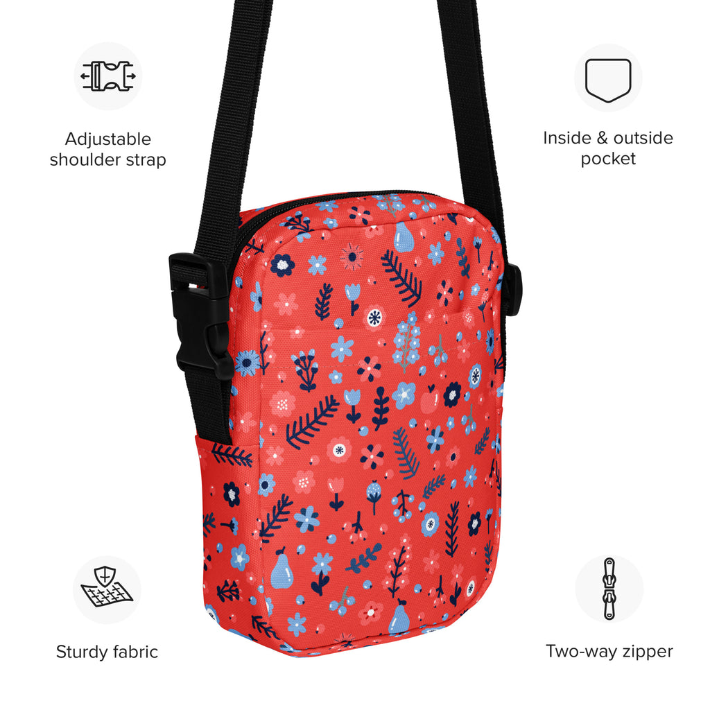 Red Floral Crossbody Bag – Water Resistant Mini Purse With Adjustable Strap & Pockets
