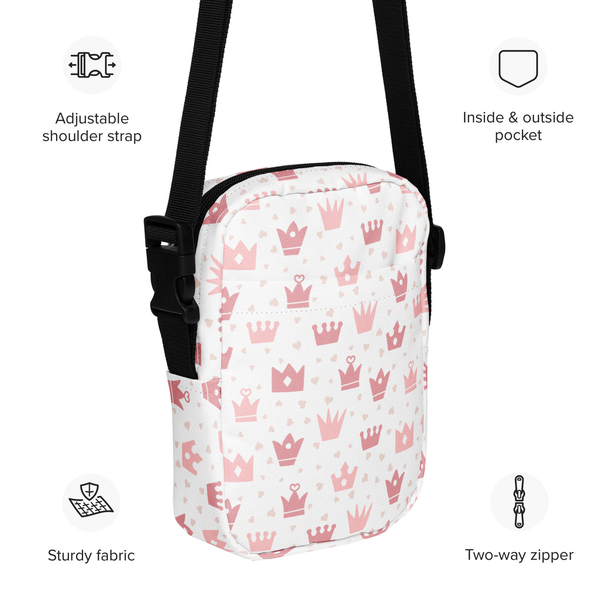 Girls Pink Crowns Crossbody Bag – Water Resistant Mini Purse With Adjustable Strap & Pockets