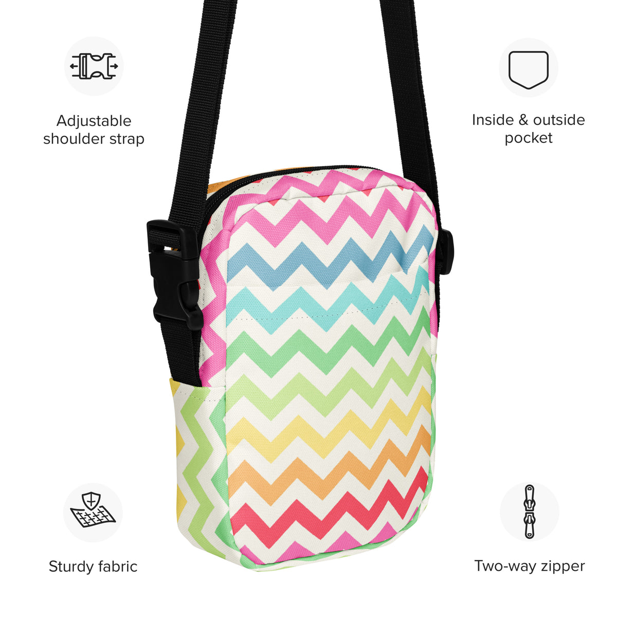Rainbow Chevron Crossbody Bag – Water Resistant Mini Purse With Adjustable Strap & Pockets