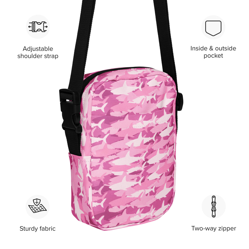 Girls Pink Shark Camouflage Crossbody Bag – Water Resistant Mini Purse With Adjustable Strap & Pockets