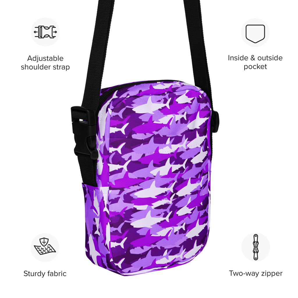 Girls Purple Shark Camouflage Crossbody Bag – Water Resistant Mini Purse With Adjustable Strap & Pockets