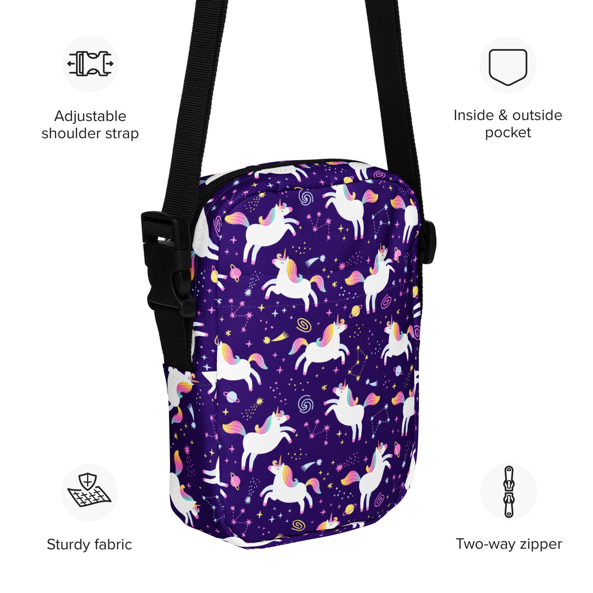 Girls Purple Unicorn Crossbody Bag – Water Resistant Mini Purse With Adjustable Strap & Pockets