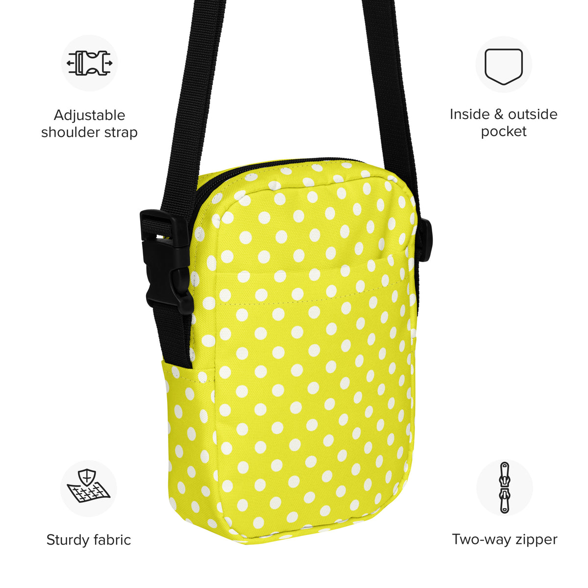 Yellow Polka Dot Crossbody Bag – Water Resistant Mini Purse With Adjustable Strap & Pockets