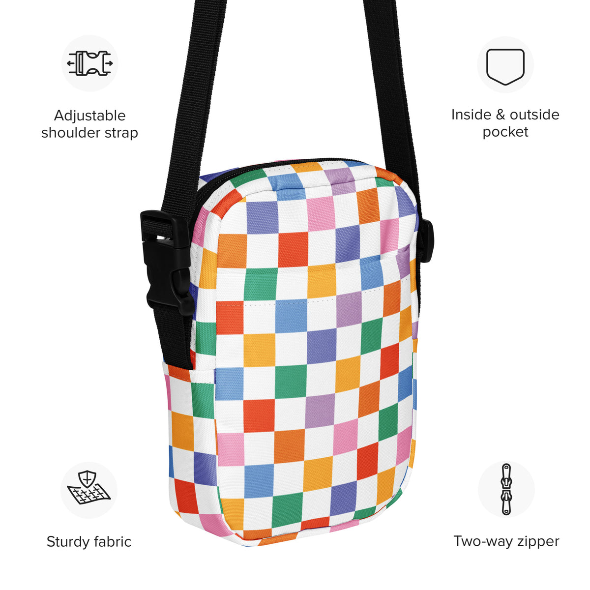 Rainbow Checkered Crossbody Bag – Water Resistant Mini Purse With Adjustable Strap & Pockets