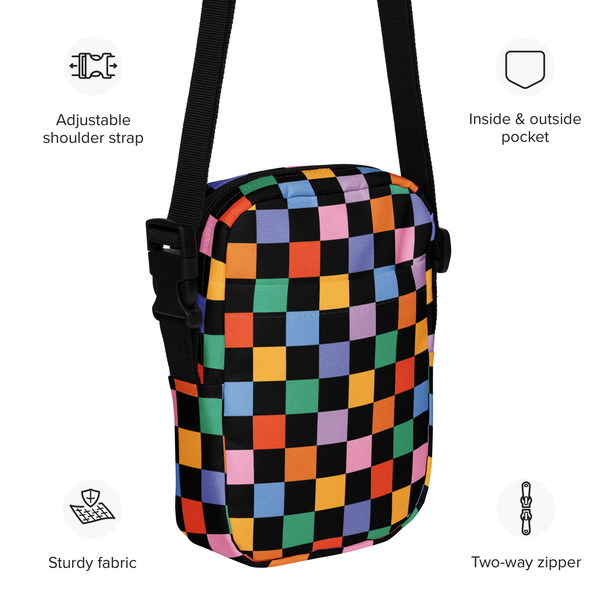 Black Rainbow Checkered Crossbody Bag – Water Resistant Mini Purse With Adjustable Strap & Pockets