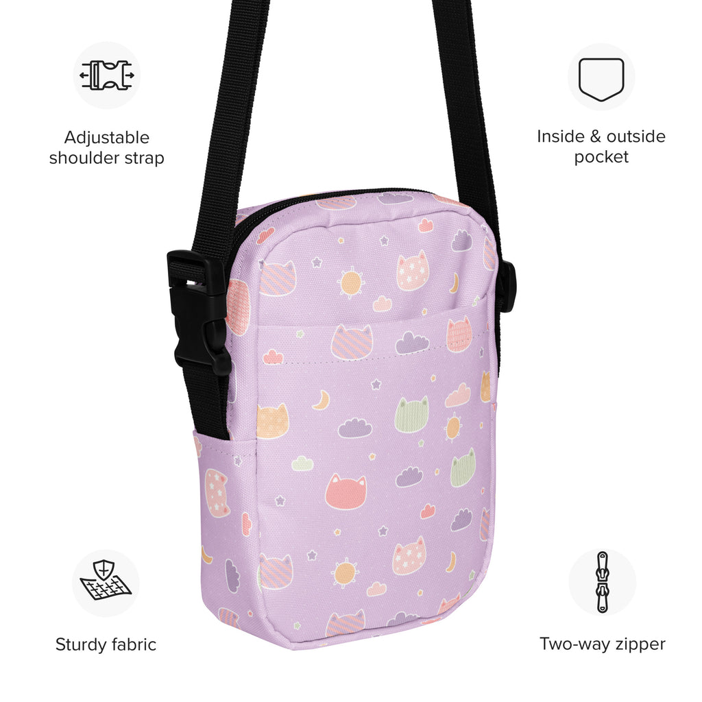 Pastel Purple Kawaii Cats & Clouds Crossbody Bag – Water Resistant Mini Purse With Adjustable Strap & Pockets