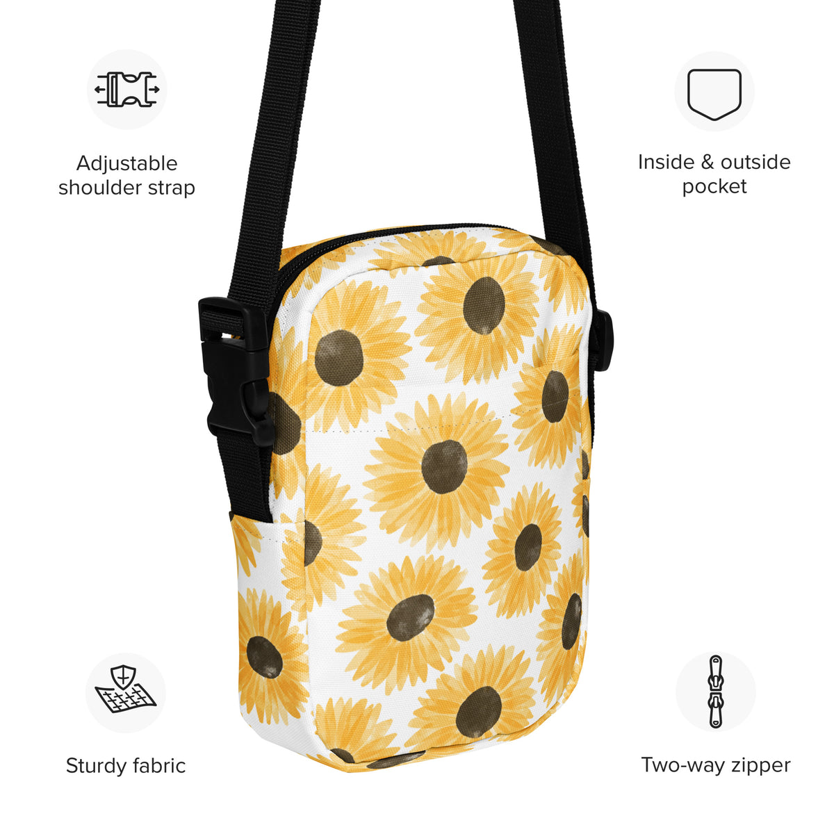 Watercolor Sunflower Crossbody Bag – Water Resistant Mini Purse With Adjustable Strap & Pockets