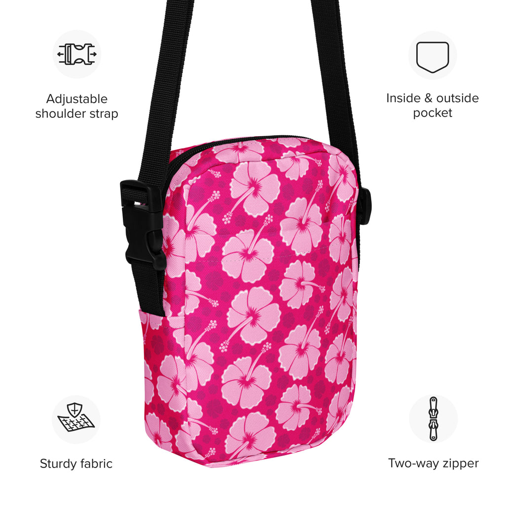 Tropical Pink Hibiscus Crossbody Bag – Water Resistant Mini Purse With Adjustable Strap & Pockets