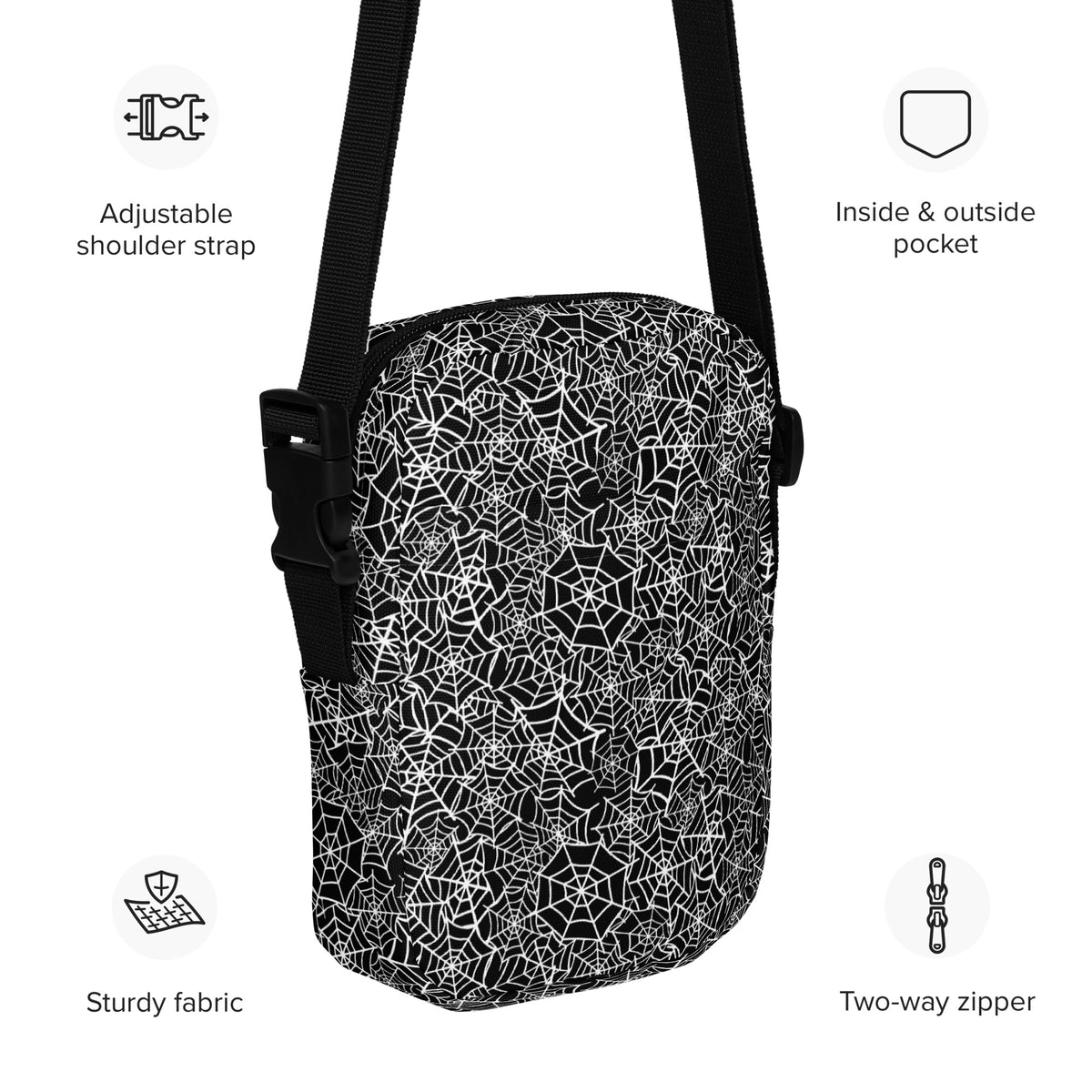 Black Spiderweb Crossbody Bag – Water Resistant Mini Purse With Adjustable Strap & Pockets
