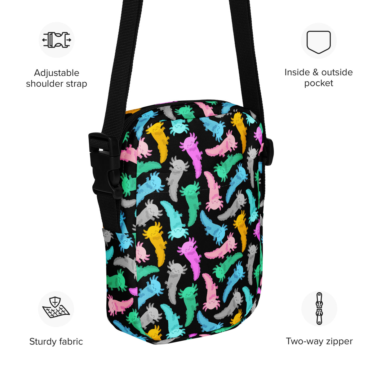 Girls Colorful Axolotl Crossbody Bag – Water Resistant Mini Purse With Adjustable Strap & Pockets