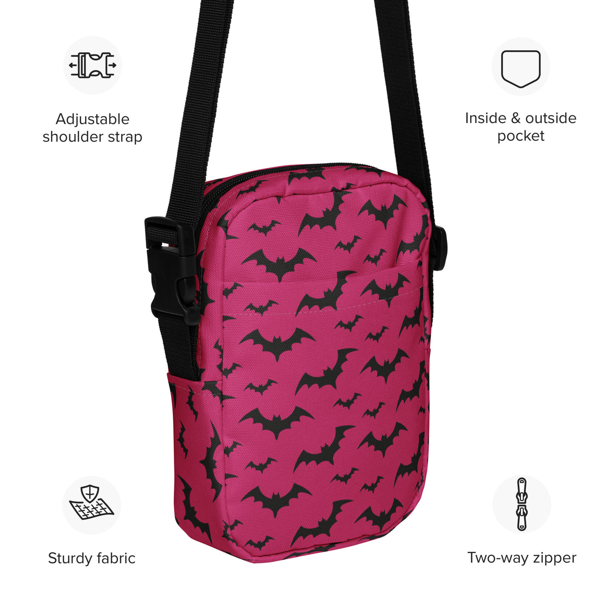 Girls Pink Bats Halloween Crossbody Bag – Water Resistant Mini Purse With Adjustable Strap & Pockets