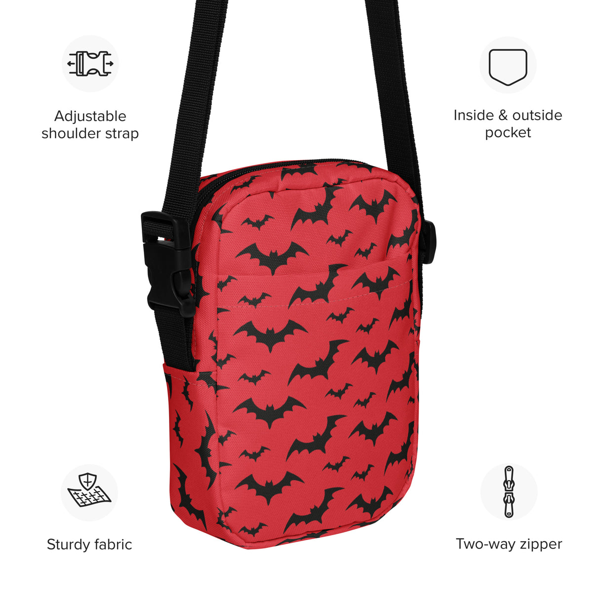 Red Bats Halloween Crossbody Bag – Water Resistant Mini Purse With Adjustable Strap & Pockets