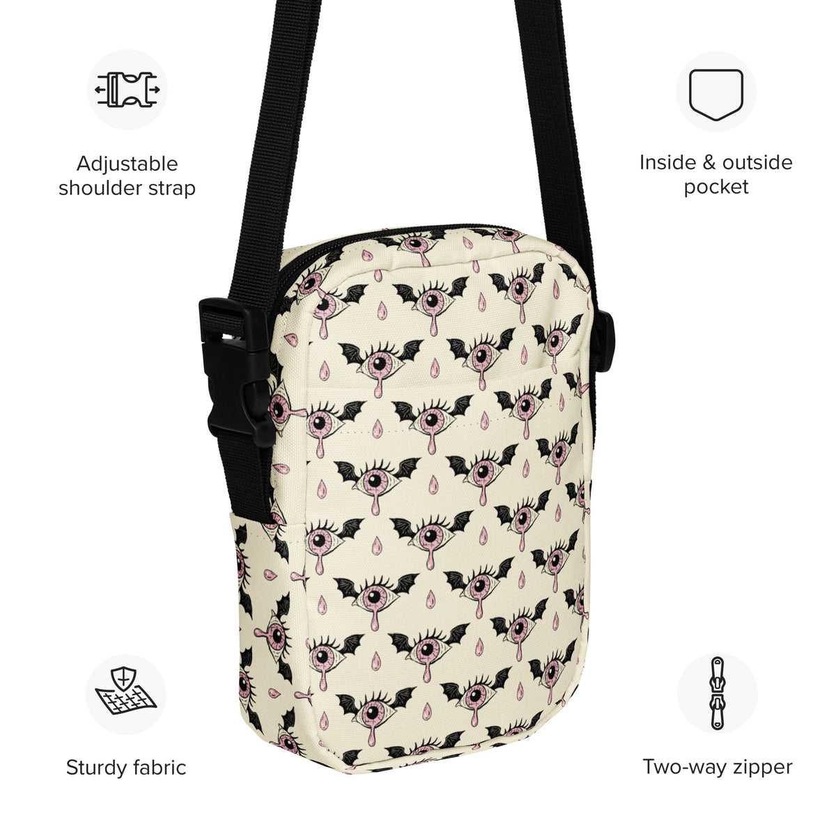 Spooky Pink Eyeball Bat Halloween Crossbody Bag – Water Resistant Mini Purse With Adjustable Strap & Pockets
