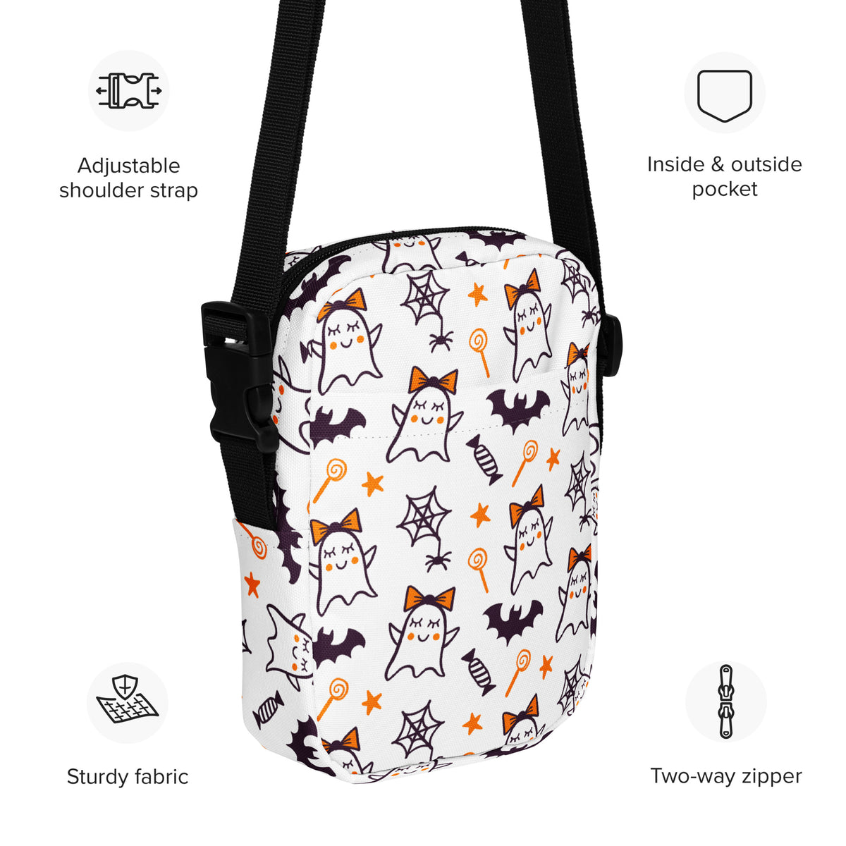 Girls Cute Ghost Halloween Crossbody Bag – Water Resistant Mini Purse With Adjustable Strap & Pockets