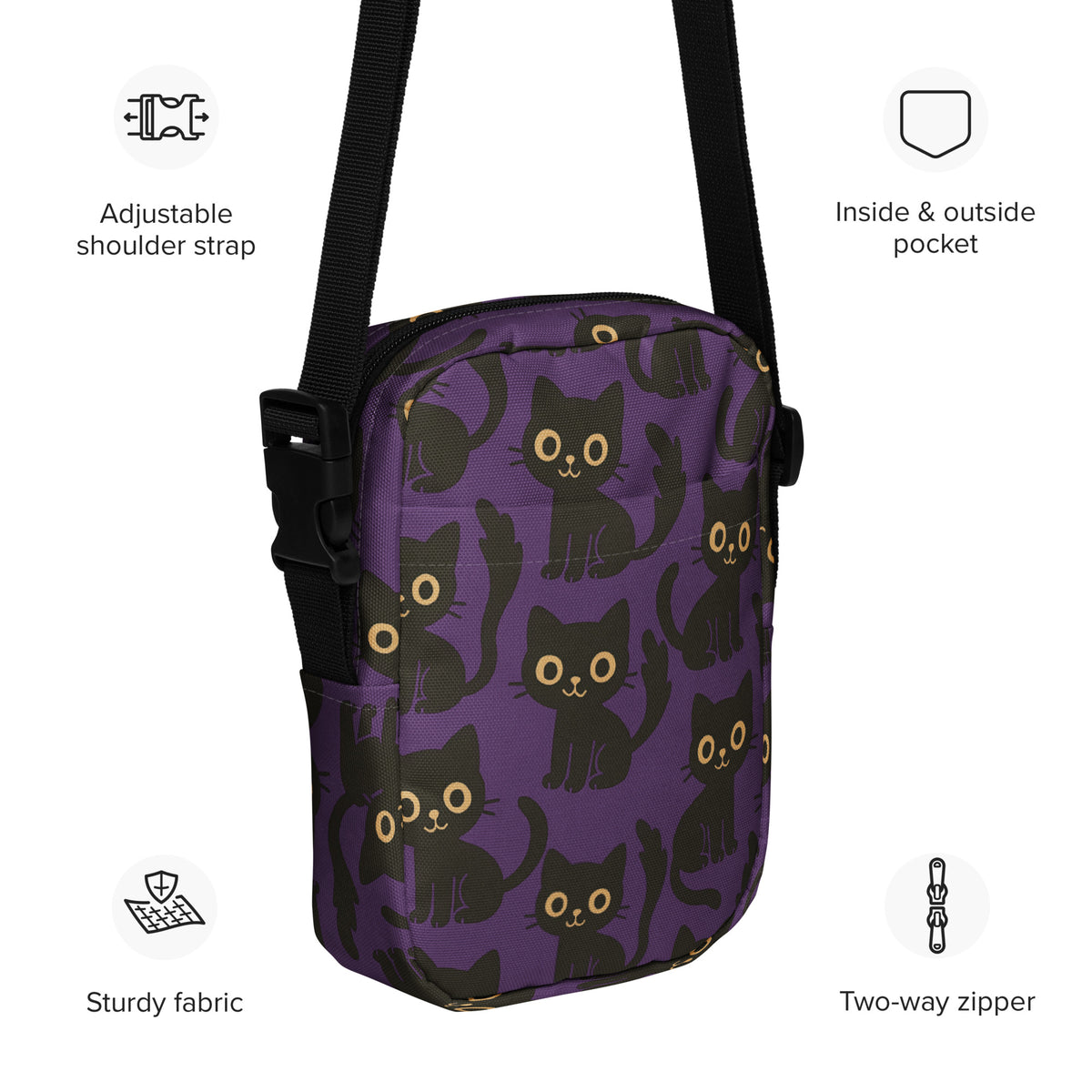 Cute Black Cat Halloween Crossbody Bag – Water Resistant Mini Purse With Adjustable Strap & Pockets