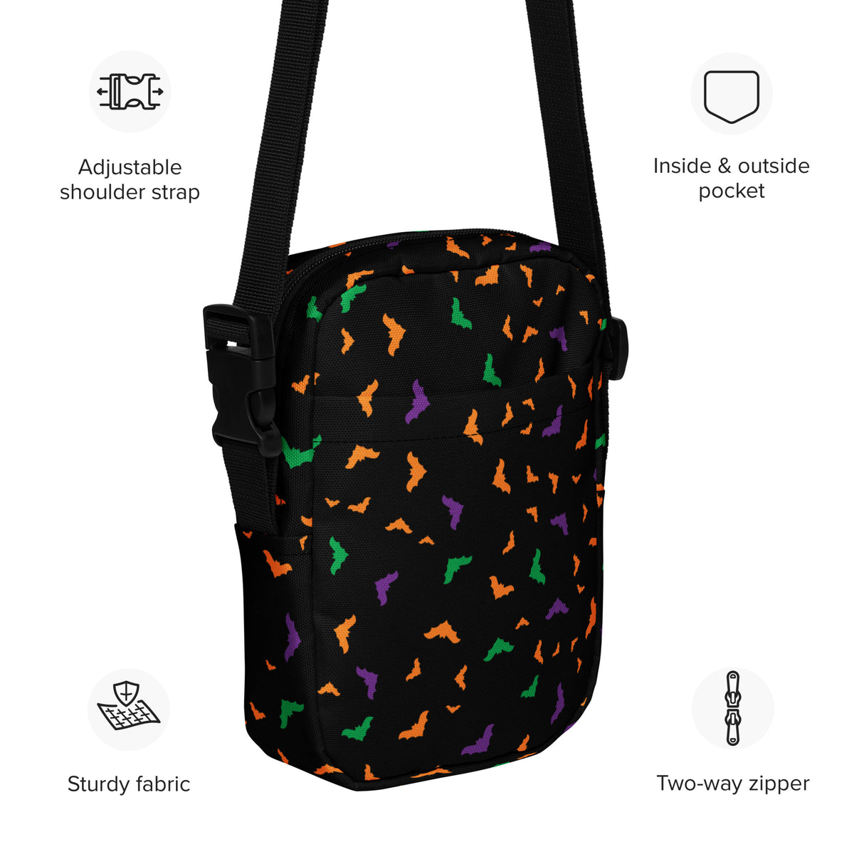 Colorful Bats Halloween Crossbody Bag – Water Resistant Mini Purse With Adjustable Strap & Pockets